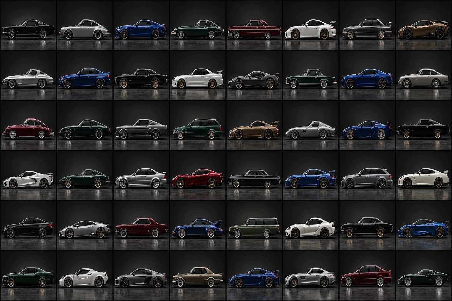 A curated grid of 48 illustrative custom cars: classic muscle, modern performance, European coupes and Japanese tuners, all in matching side profile