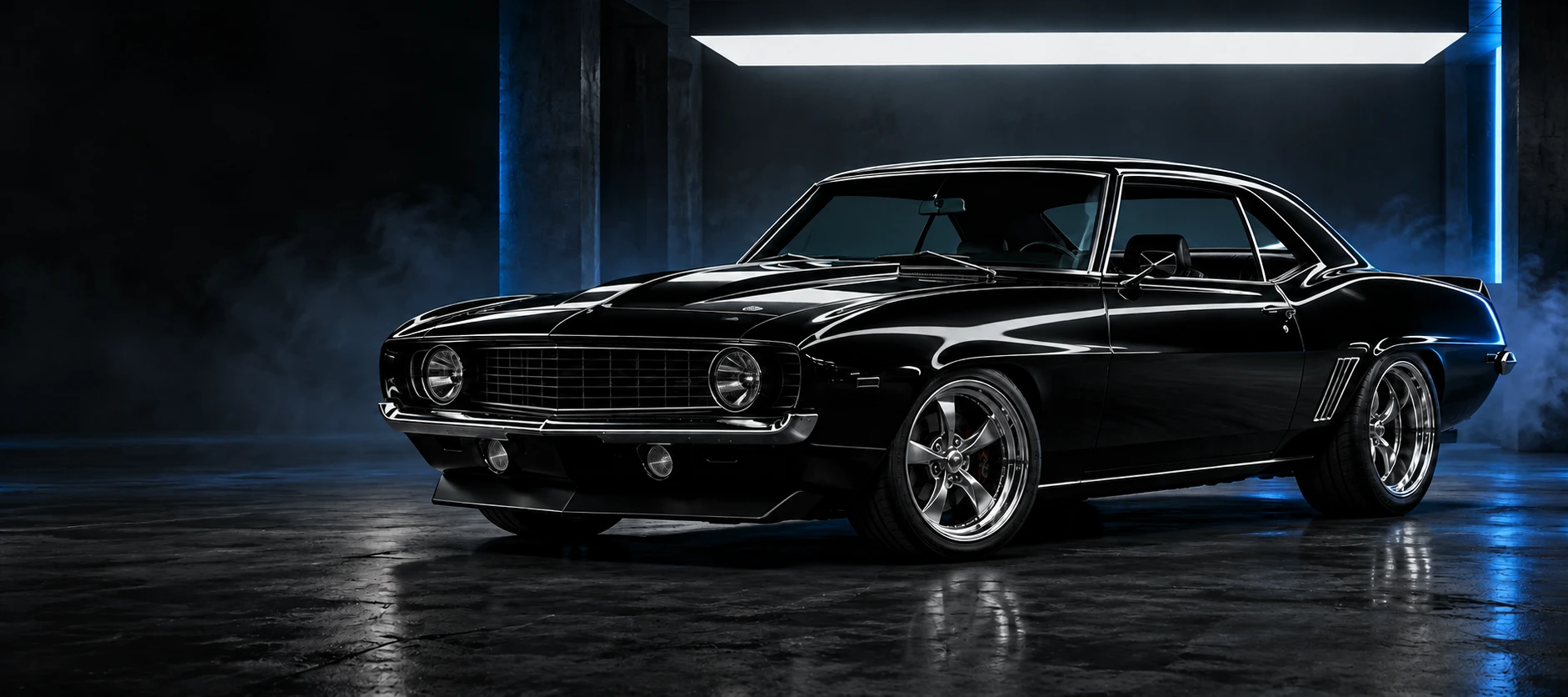 Illustrative midnight-black classic muscle car in a dramatic studio